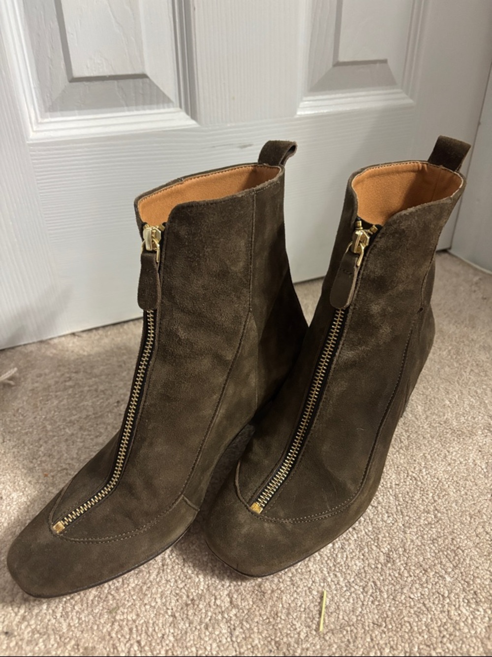 Balzac Paris Block Heel Zipper Front Ankle Boots Olive Suede and Leather Size 7